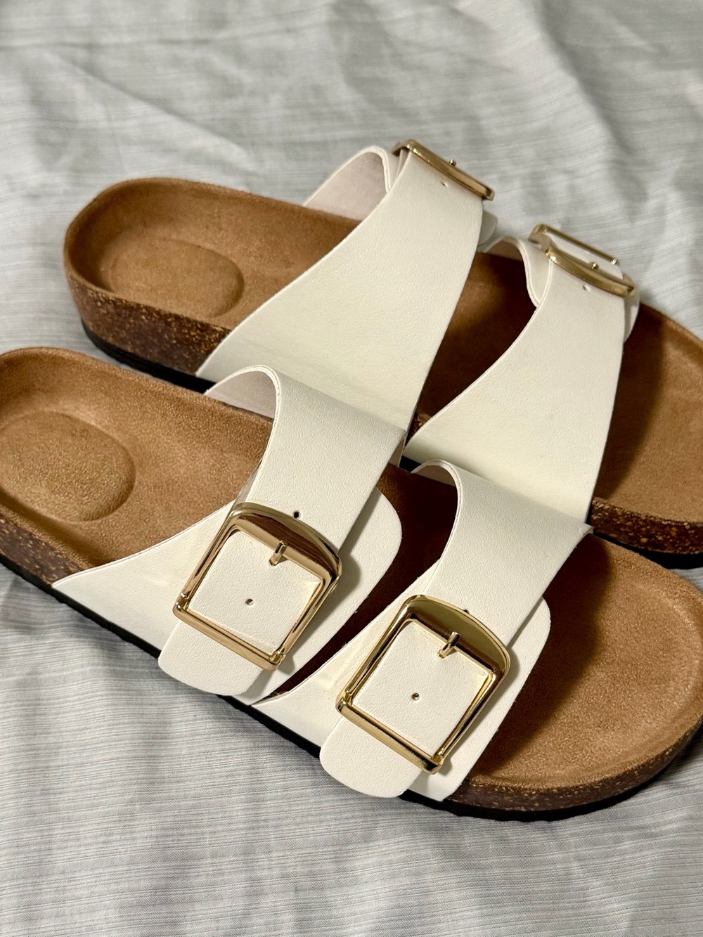 Time and Tru White Double Buckle Slide Sandals with Gold Buckles